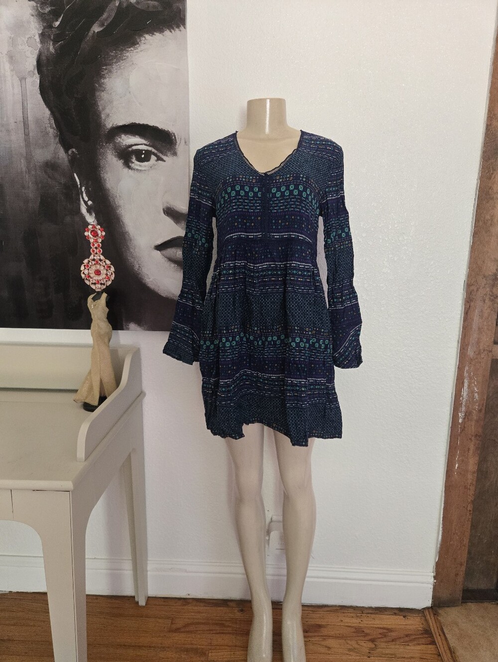 NWT Wild Blue x Sadie Roberson Navy Blue Patterned Long-Sleeve Tunic Dress Small